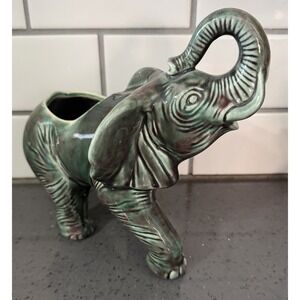 Elephant Planter Bowl Trunk Up Green Majolica Pottery Lucky Bamboo Plant